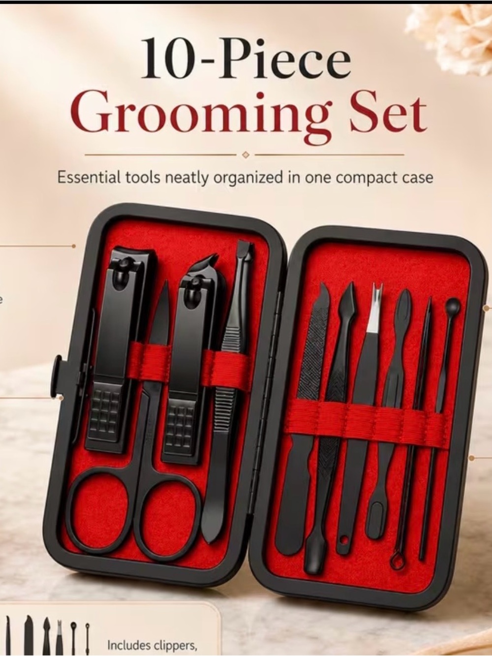10-Piece Men's Grooming Kit — Black Tools with Red Interior
